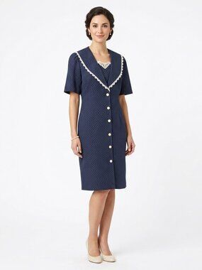 VTG 80s 90s Polka Dot Midi Dress Navy White Lace Cottagecore Prairie Whimsigoth